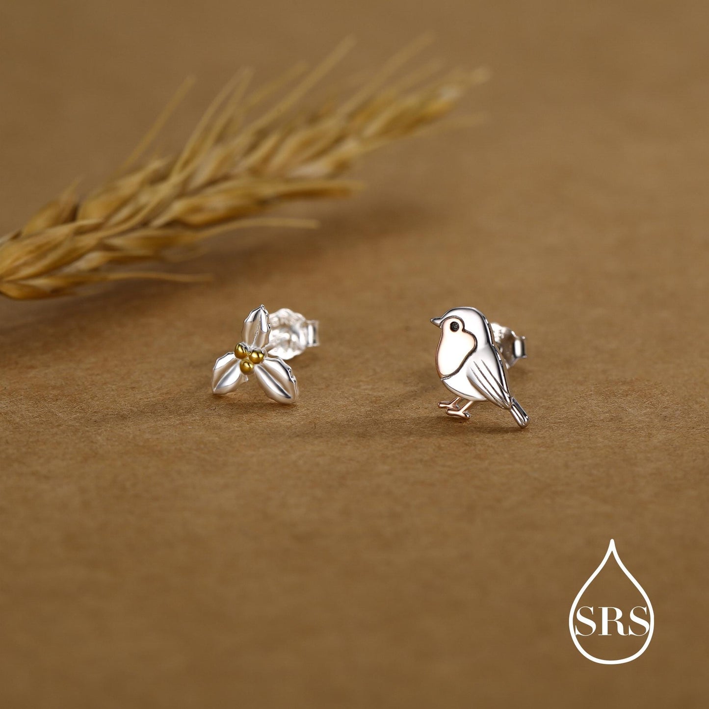 Mismatched Robin Bird and Holly Stud Earrings in Sterling Silver, Asymmetric Christmas Bird Earrings, Nature Inspired Earrings