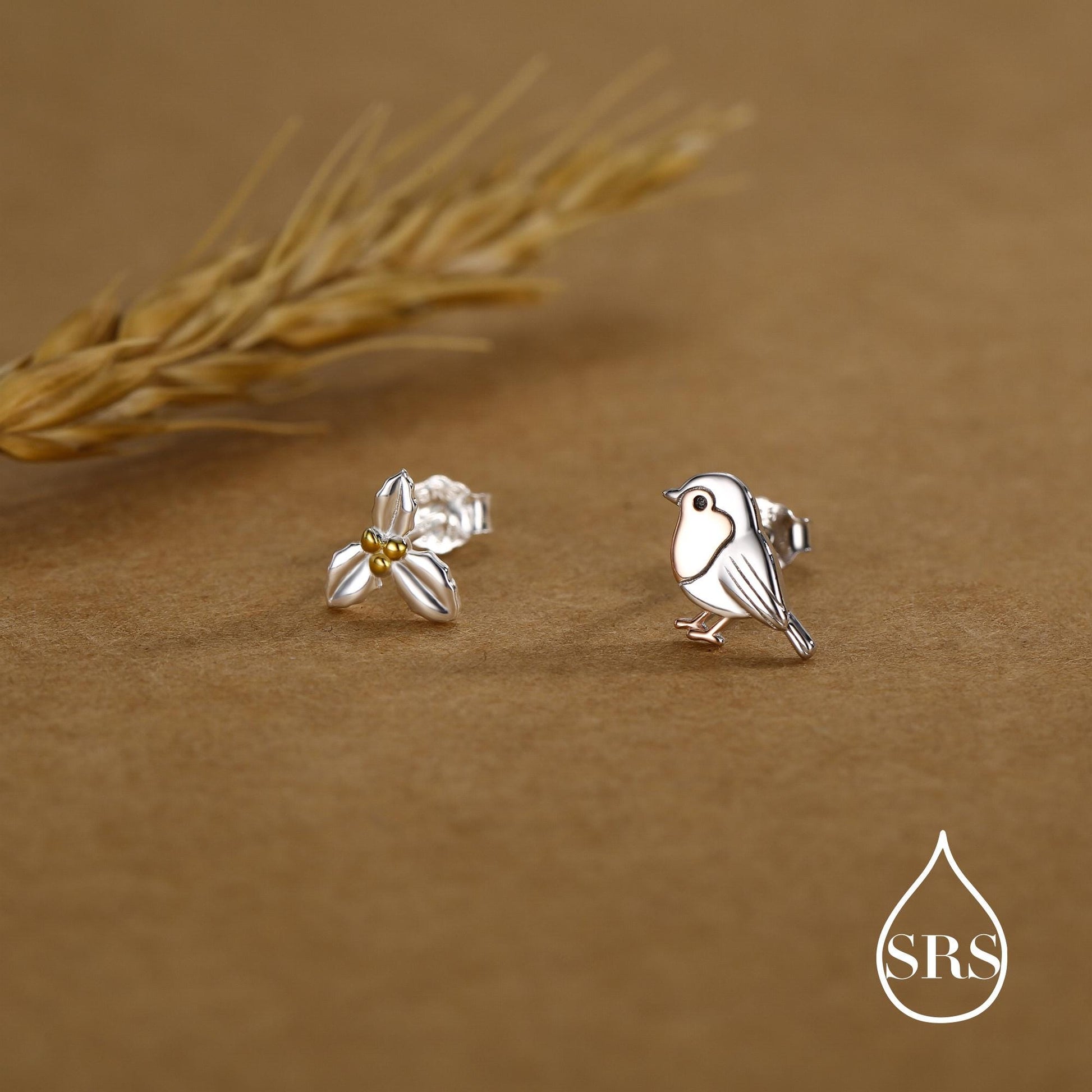 Mismatched Robin Bird and Holly Stud Earrings in Sterling Silver, Asymmetric Christmas Bird Earrings, Nature Inspired Earrings