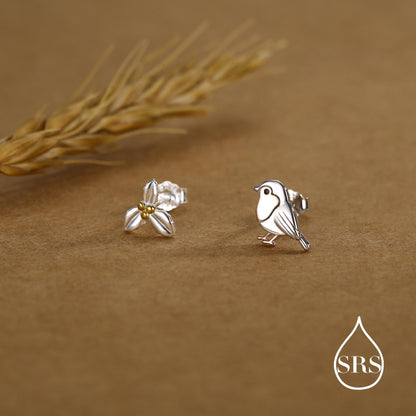 Mismatched Robin Bird and Holly Stud Earrings in Sterling Silver, Asymmetric Christmas Bird Earrings, Nature Inspired Earrings
