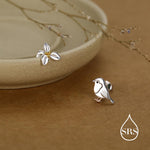 Mismatched Robin Bird and Holly Stud Earrings in Sterling Silver, Asymmetric Christmas Bird Earrings, Nature Inspired Earrings