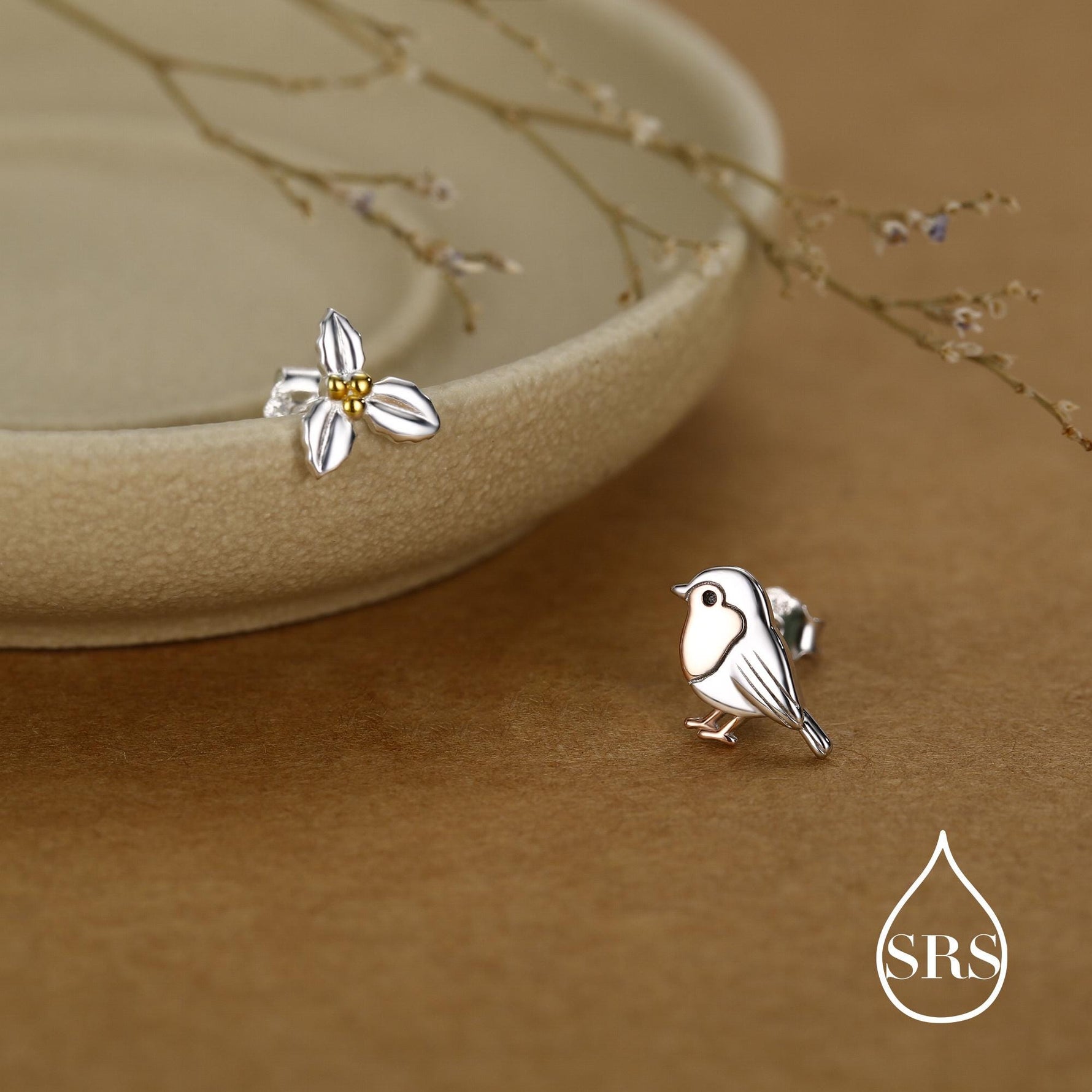 Mismatched Robin Bird and Holly Stud Earrings in Sterling Silver, Asymmetric Christmas Bird Earrings, Nature Inspired Earrings