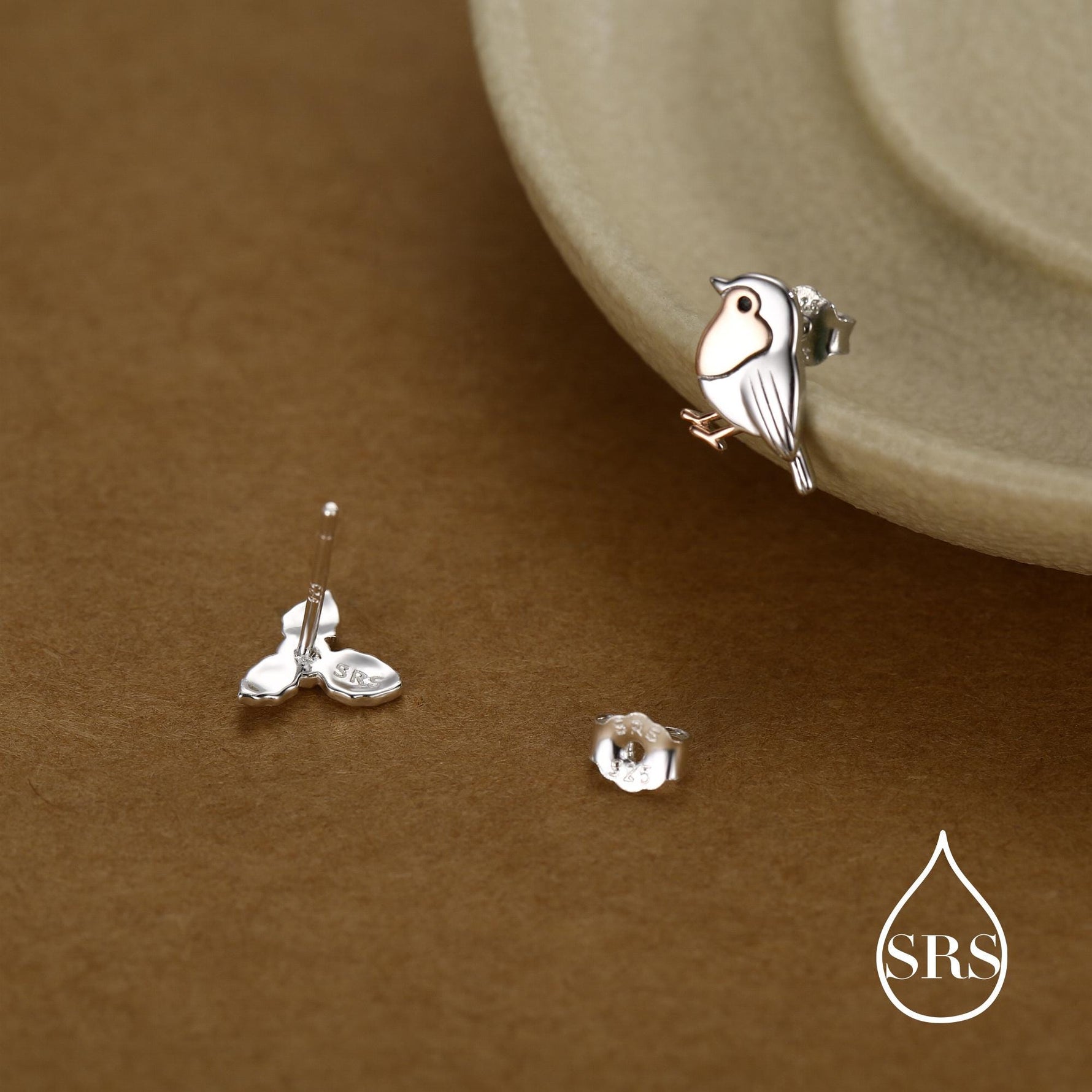 Mismatched Robin Bird and Holly Stud Earrings in Sterling Silver, Asymmetric Christmas Bird Earrings, Nature Inspired Earrings