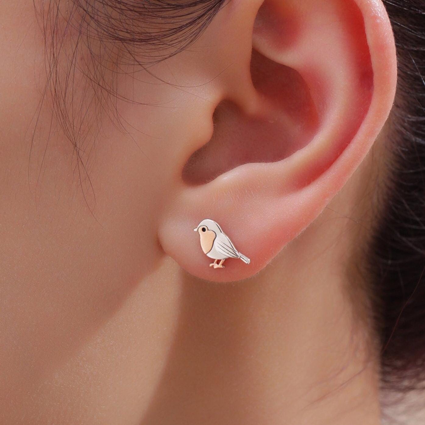 Mismatched Robin Bird and Holly Stud Earrings in Sterling Silver, Asymmetric Christmas Bird Earrings, Nature Inspired Earrings