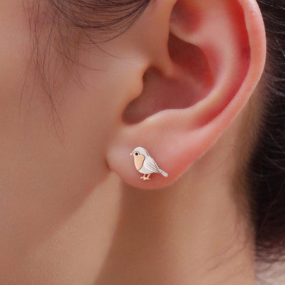 Mismatched Robin Bird and Holly Stud Earrings in Sterling Silver, Asymmetric Christmas Bird Earrings, Nature Inspired Earrings