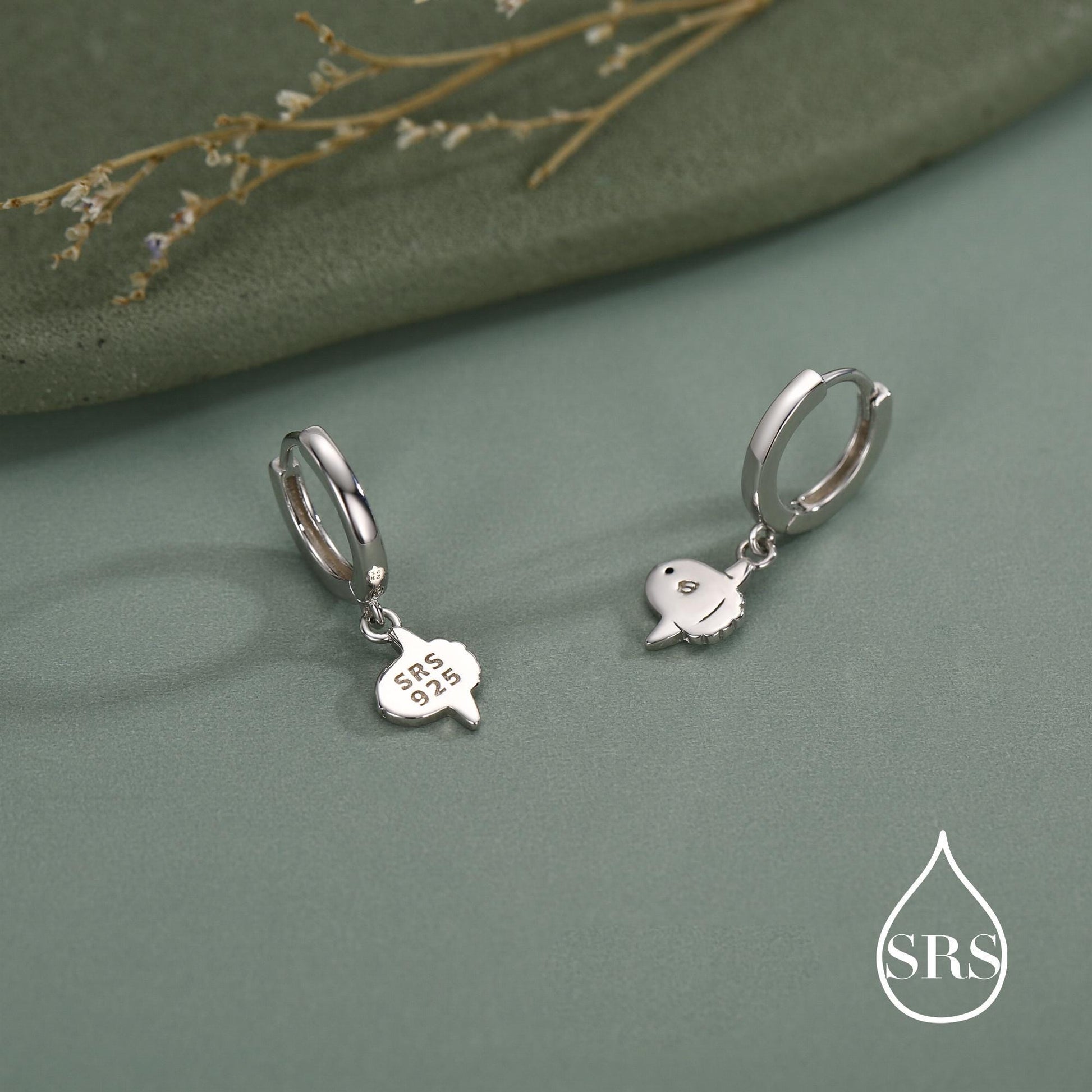 Ocean Sunfish Fish Huggie Hoop Earrings in Sterling Silver, Sun Fish Earrings, Mola Mola Earrings, Nature Inspired Animal Earrings