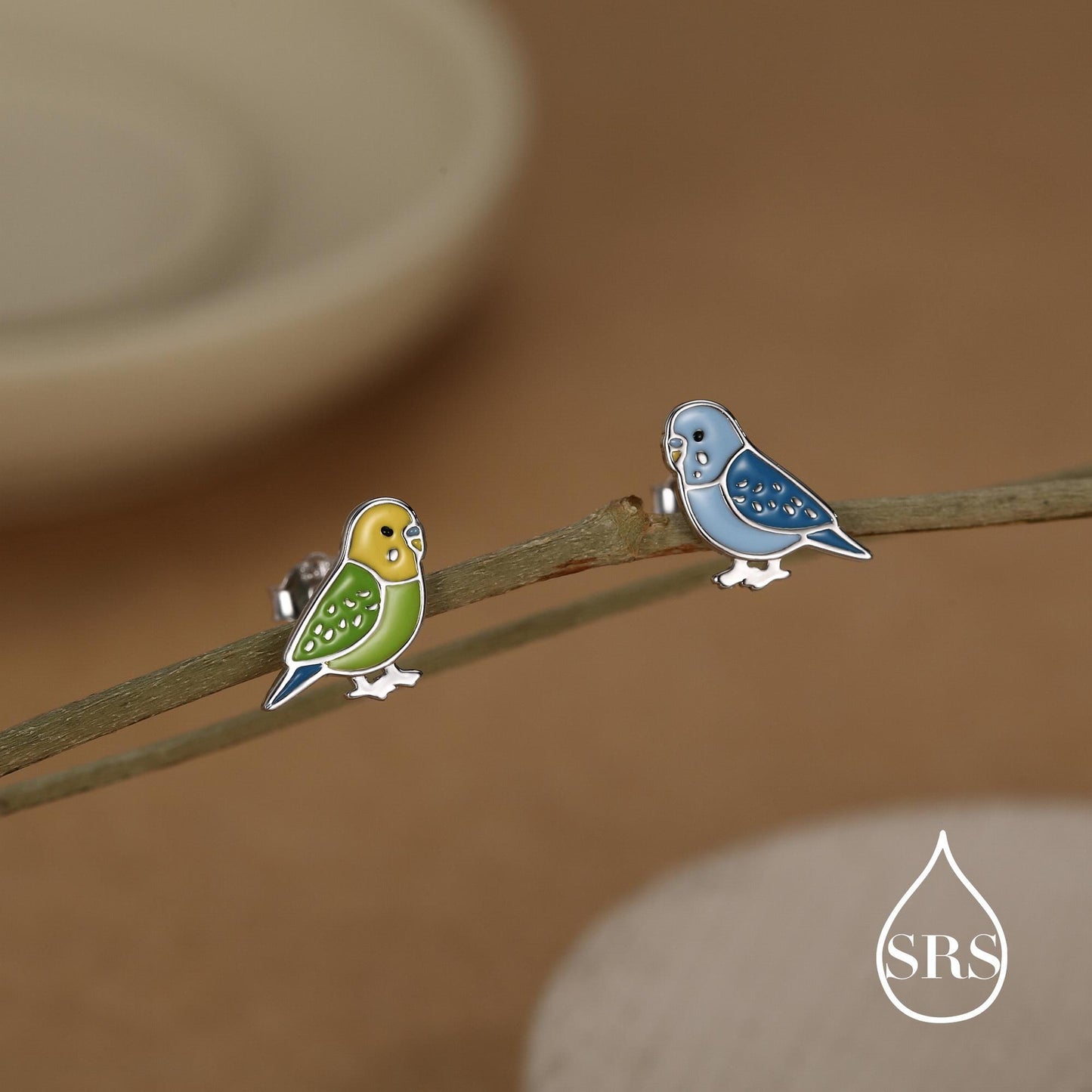 Sterling Silver Mismatched Enamel Budgie Stud Earring, Asymmetric Pair Green and Blue Pet parakeets Earrings, Nature-Inspired Animal Earring