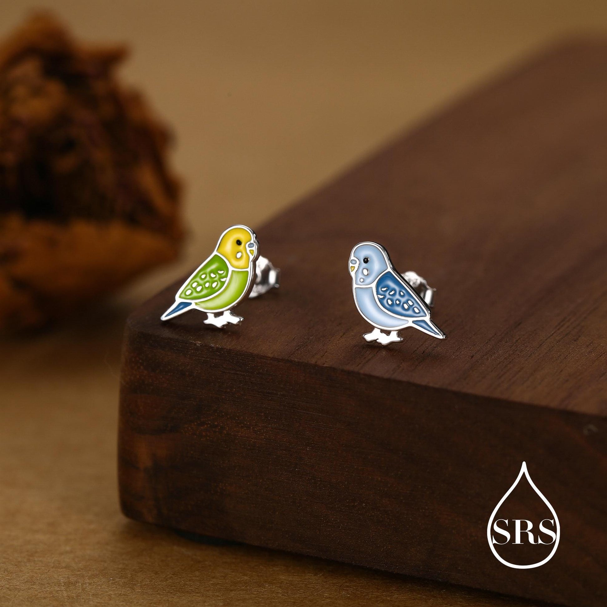 Sterling Silver Mismatched Enamel Budgie Stud Earring, Asymmetric Pair Green and Blue Pet parakeets Earrings, Nature-Inspired Animal Earring