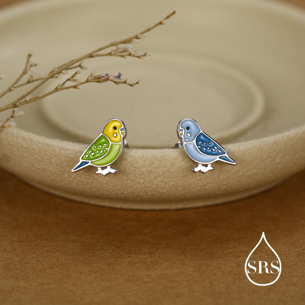 Sterling Silver Mismatched Enamel Budgie Stud Earring, Asymmetric Pair Green and Blue Pet parakeets Earrings, Nature-Inspired Animal Earring