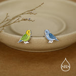 Sterling Silver Mismatched Enamel Budgie Stud Earring, Asymmetric Pair Green and Blue Pet parakeets Earrings, Nature-Inspired Animal Earring