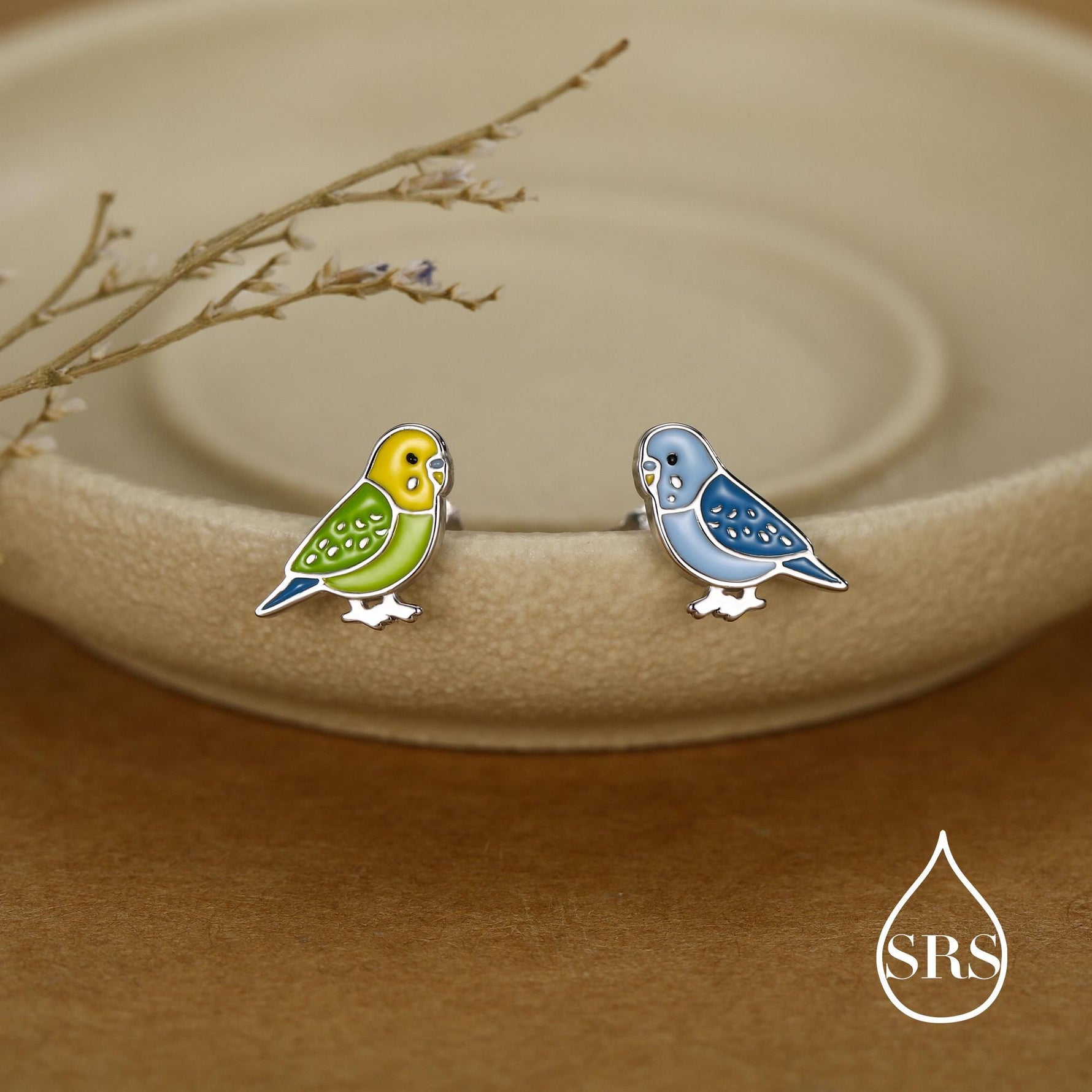 Sterling Silver Mismatched Enamel Budgie Stud Earring, Asymmetric Pair Green and Blue Pet parakeets Earrings, Nature-Inspired Animal Earring