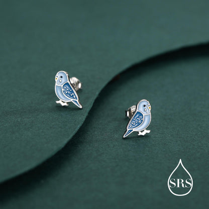 Sterling Silver Blue Enamel Budgie Stud Earring, Blue Pet parakeets Earrings, Nature-Inspired Animal Earring, Parrot Earrings