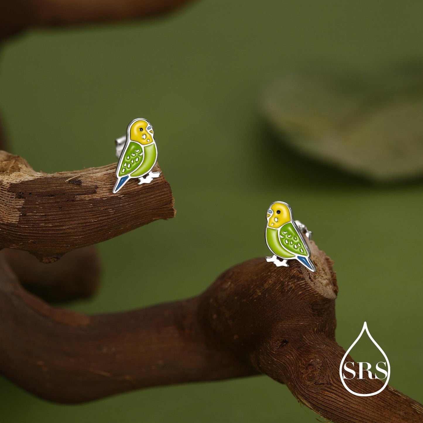 Sterling Silver Green Enamel Budgie Stud Earring, Pet parakeets Earrings, Nature-Inspired Animal Earring, Parrot Earrings