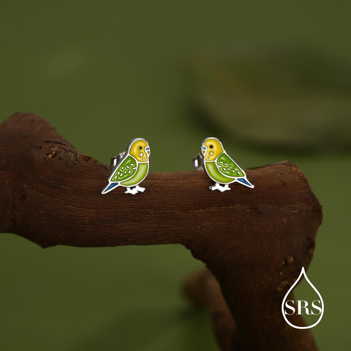 Sterling Silver Green Enamel Budgie Stud Earring, Pet parakeets Earrings, Nature-Inspired Animal Earring, Parrot Earrings