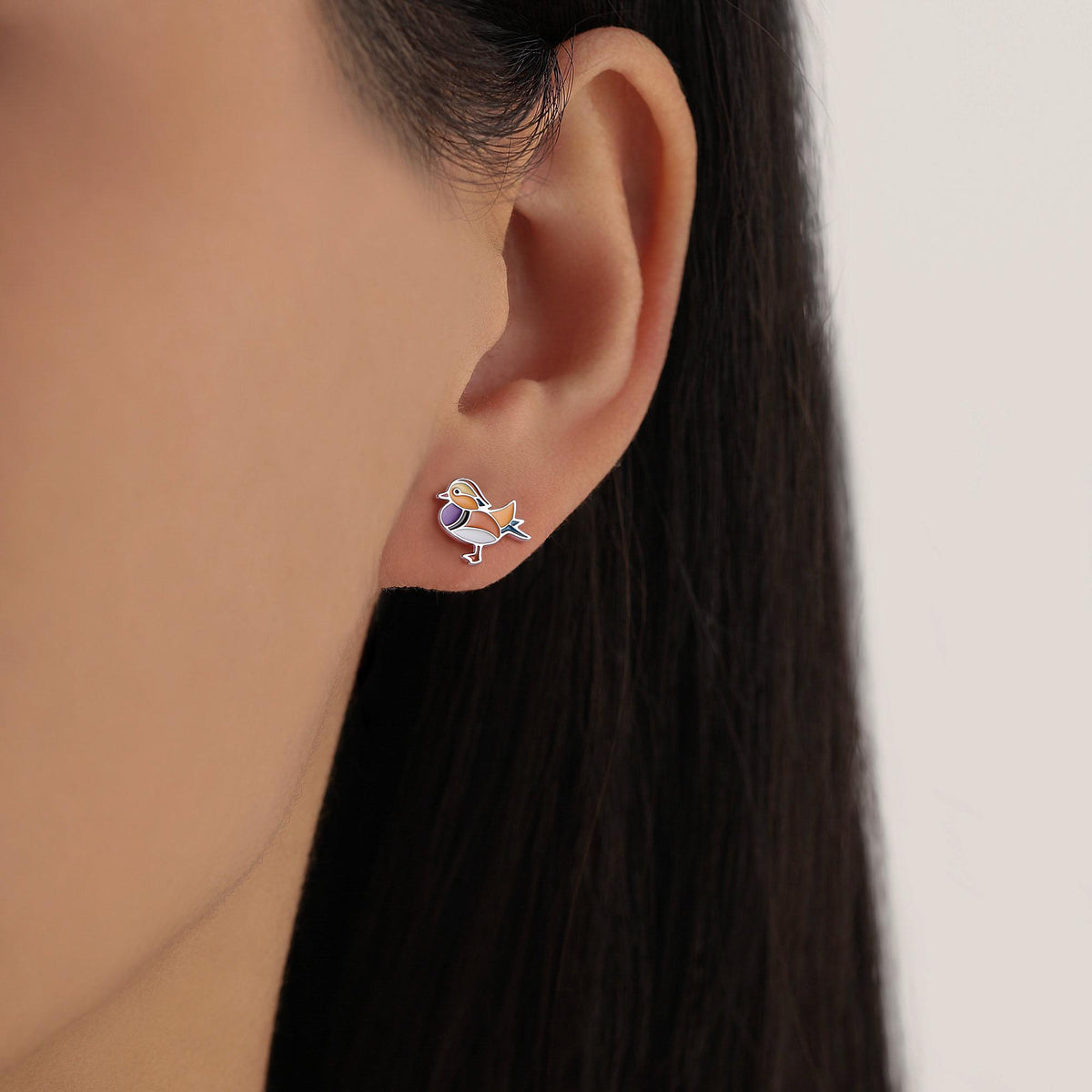 Mandarin Duck Enamel Stud Earrings in Sterling Silver, Colourful Bird Earrings, Cute and Full of Charm, Nature Inspired Animal Jewellery