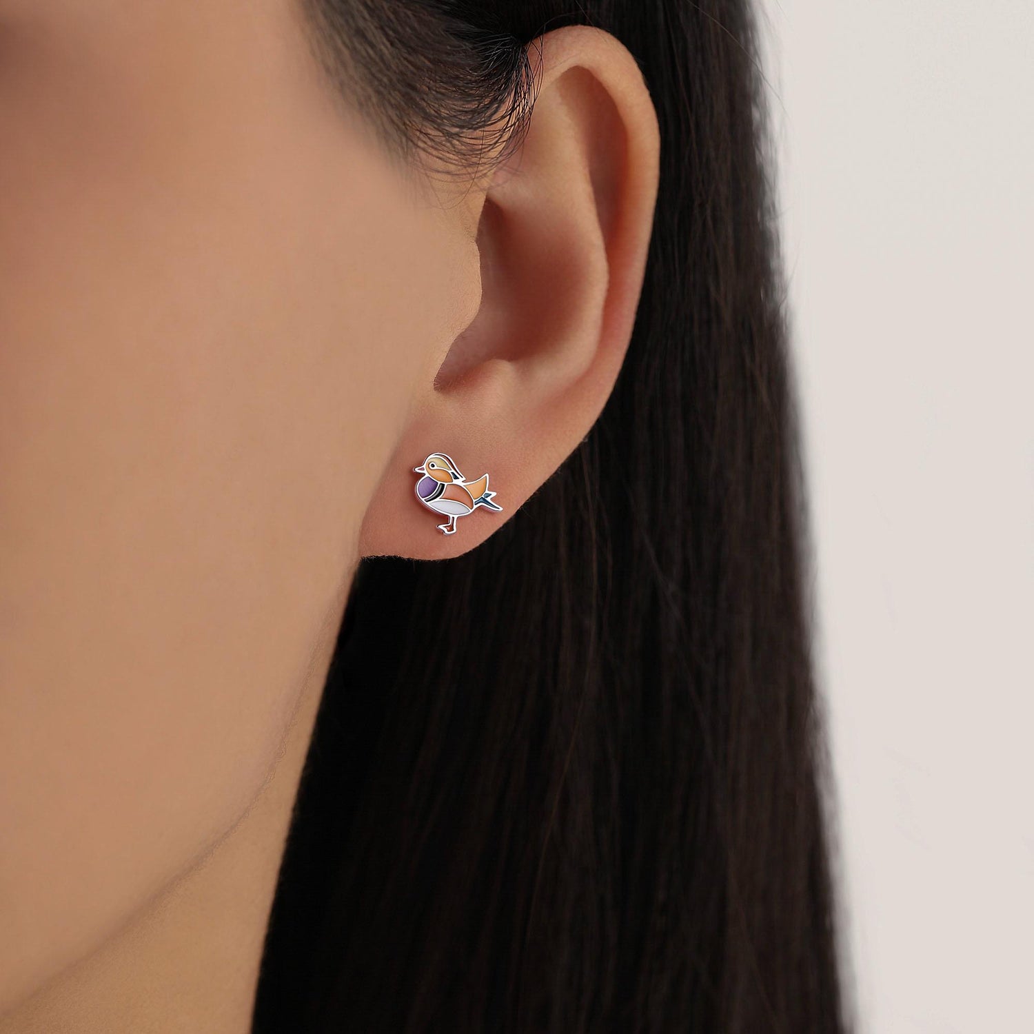 Mandarin Duck Enamel Stud Earrings in Sterling Silver, Colourful Bird Earrings, Cute and Full of Charm, Nature Inspired Animal Jewellery