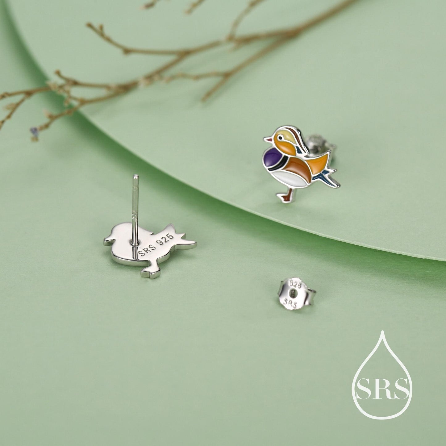 Mandarin Duck Enamel Stud Earrings in Sterling Silver, Colourful Bird Earrings, Cute and Full of Charm, Nature Inspired Animal Jewellery