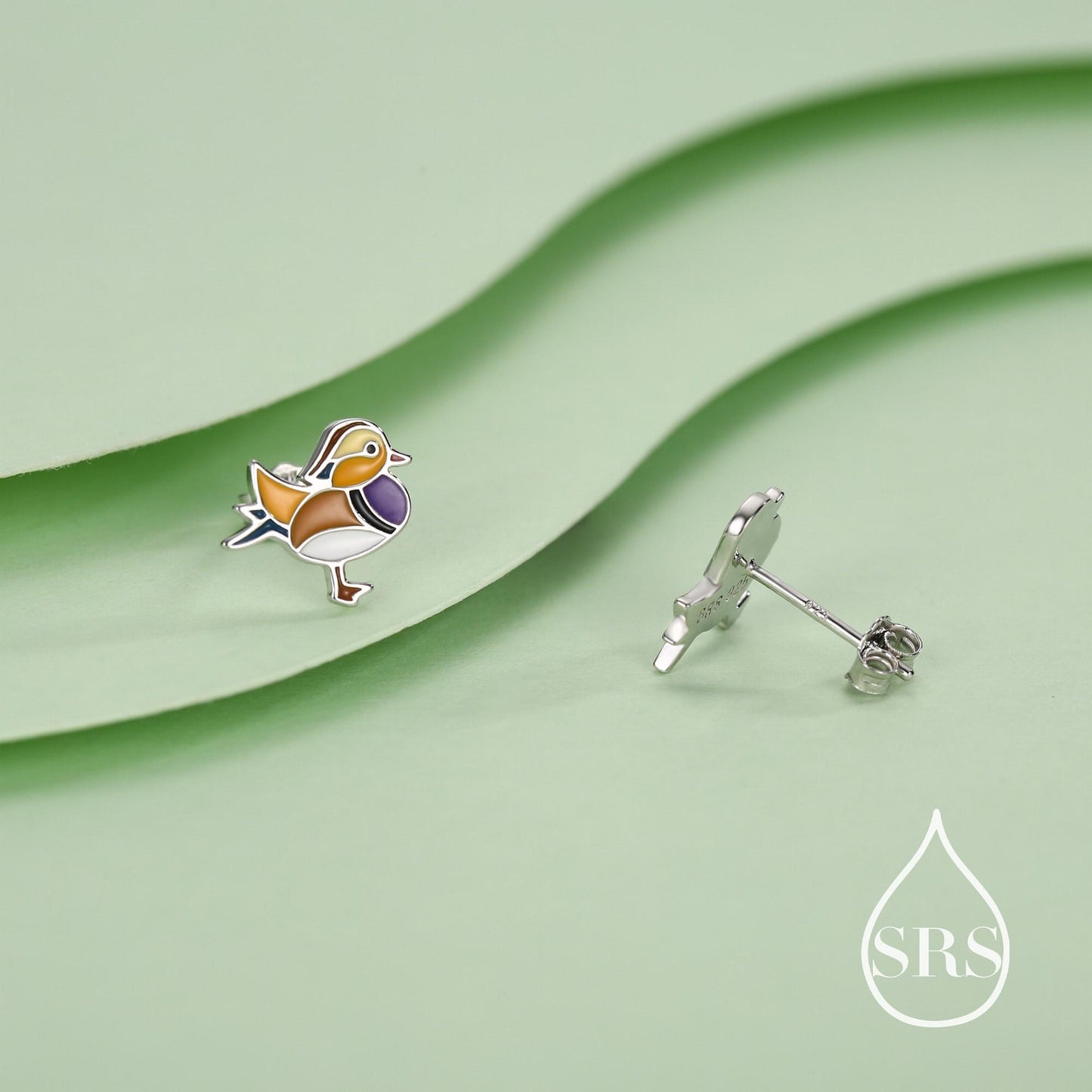 Mandarin Duck Enamel Stud Earrings in Sterling Silver, Colourful Bird Earrings, Cute and Full of Charm, Nature Inspired Animal Jewellery
