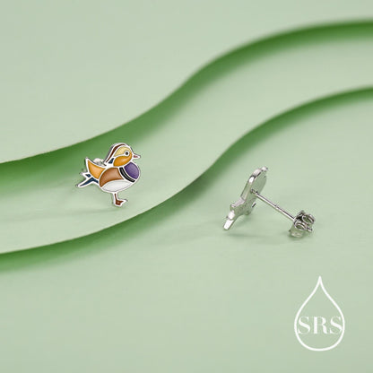 Mandarin Duck Enamel Stud Earrings in Sterling Silver, Colourful Bird Earrings, Cute and Full of Charm, Nature Inspired Animal Jewellery