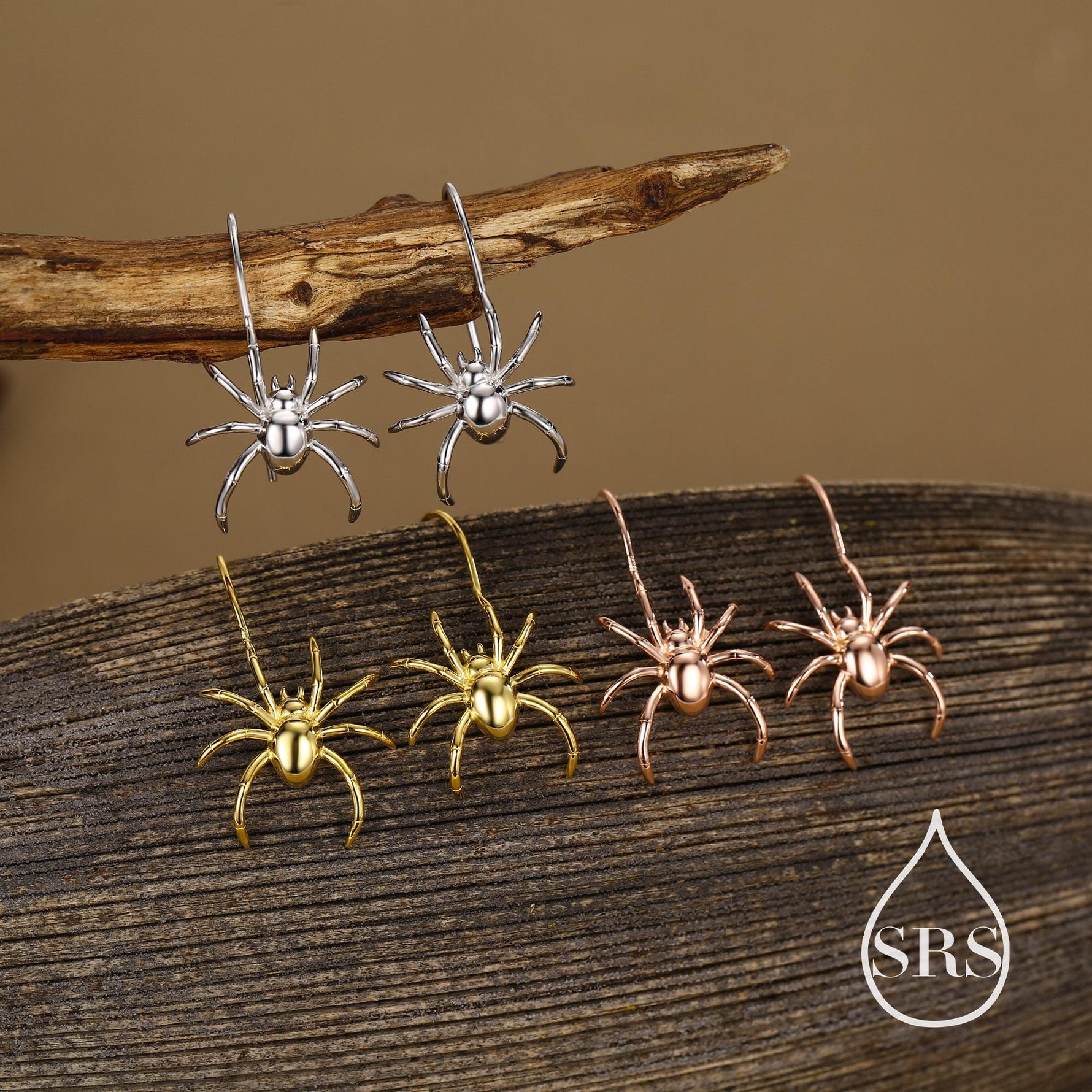 Sterling Silver Spider Drop Earrings, Also in Gold and Rose Gold Finish, Quirky and Edgy Animal Earrings, Nature Inspired