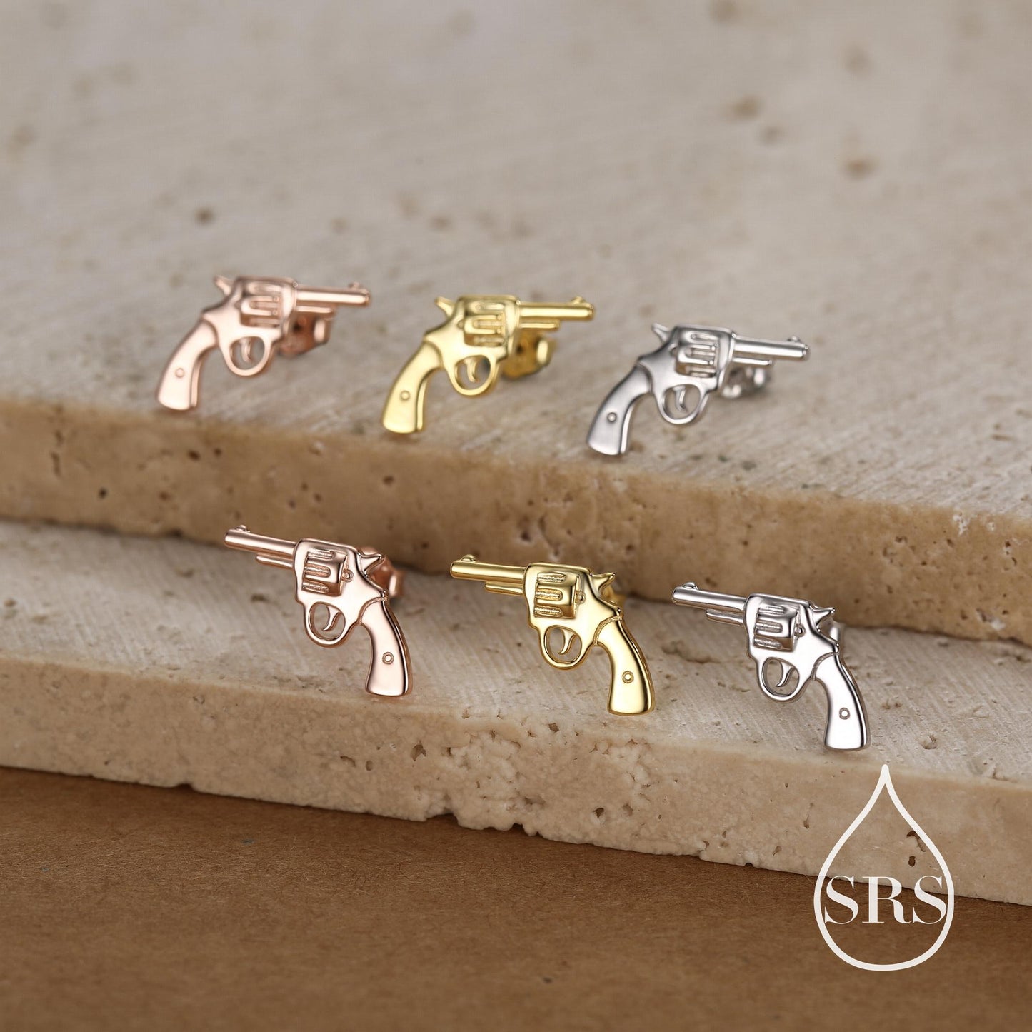 Sterling Silver Pistol Stud Earrings, Also in Gold and Rose Gold Finish, Cowboy Pistol Earrings, Quirky, and Full of Character