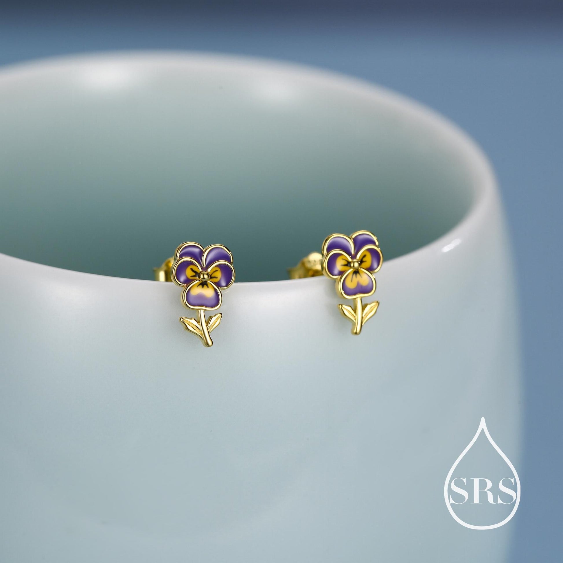 Pansy Enamel Stud Earrings in Sterling Silver, Colourful, Sweetly Detailed Flower Earrings, Nature-Inspired Jewellery
