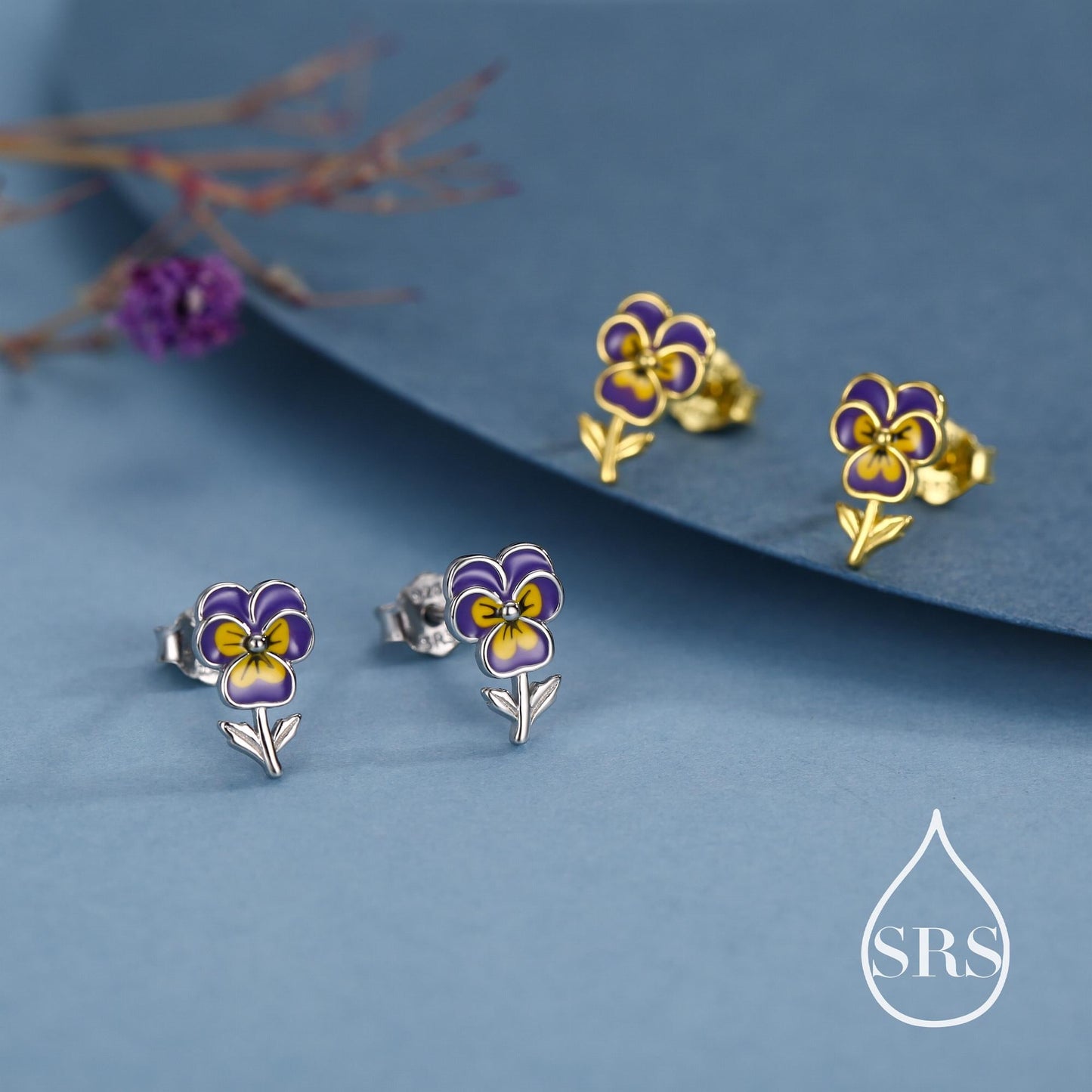 Pansy Enamel Stud Earrings in Sterling Silver, Colourful, Sweetly Detailed Flower Earrings, Nature-Inspired Jewellery