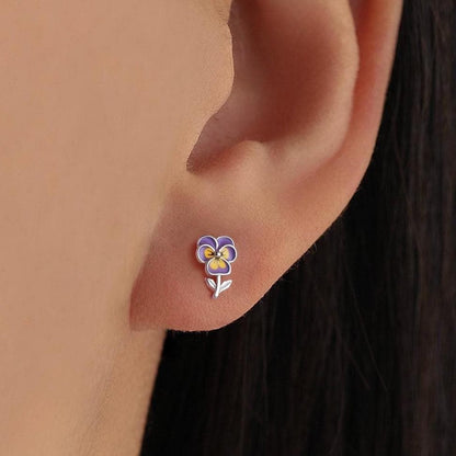 Pansy Enamel Stud Earrings in Sterling Silver, Colourful, Sweetly Detailed Flower Earrings, Nature-Inspired Jewellery