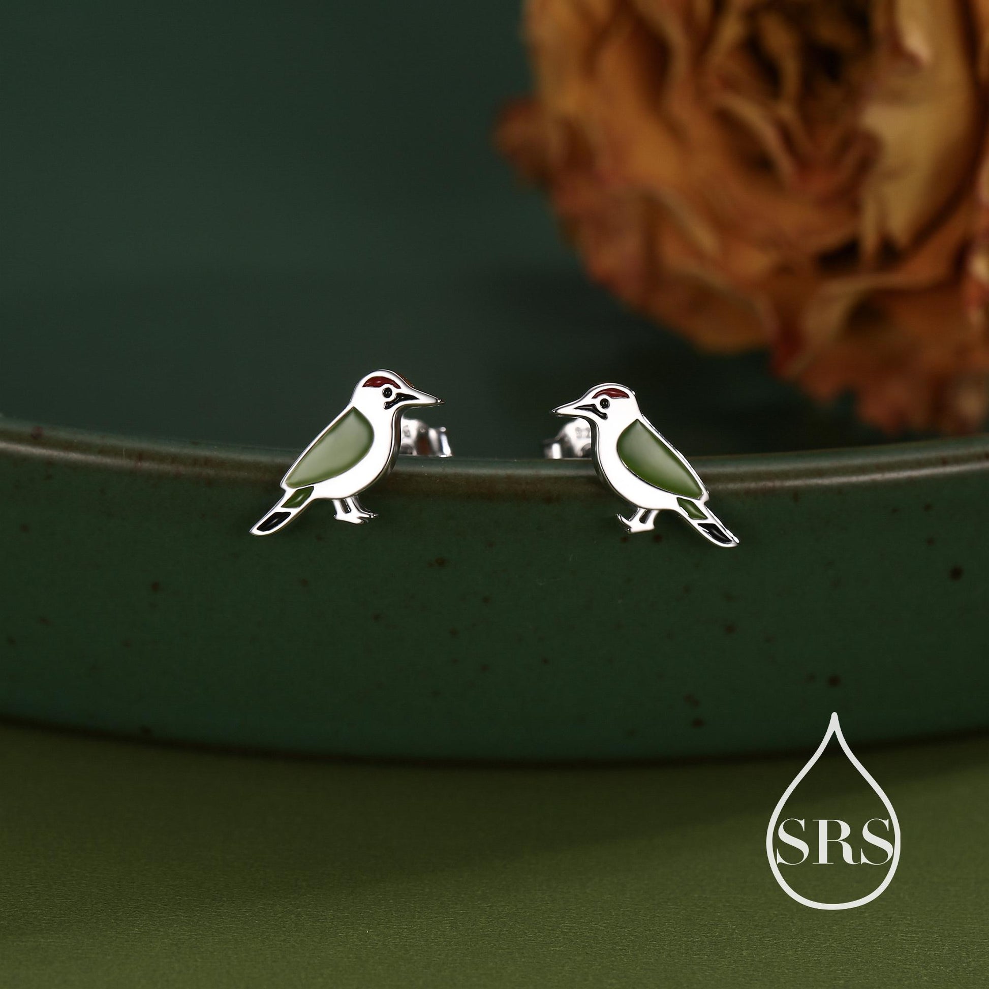 Green Woodpecker Enamel Stud Earrings in Sterling Silver, Colourful Bird Earrings, Cute and Full of Charm, Nature Inspired Animal Jewellery