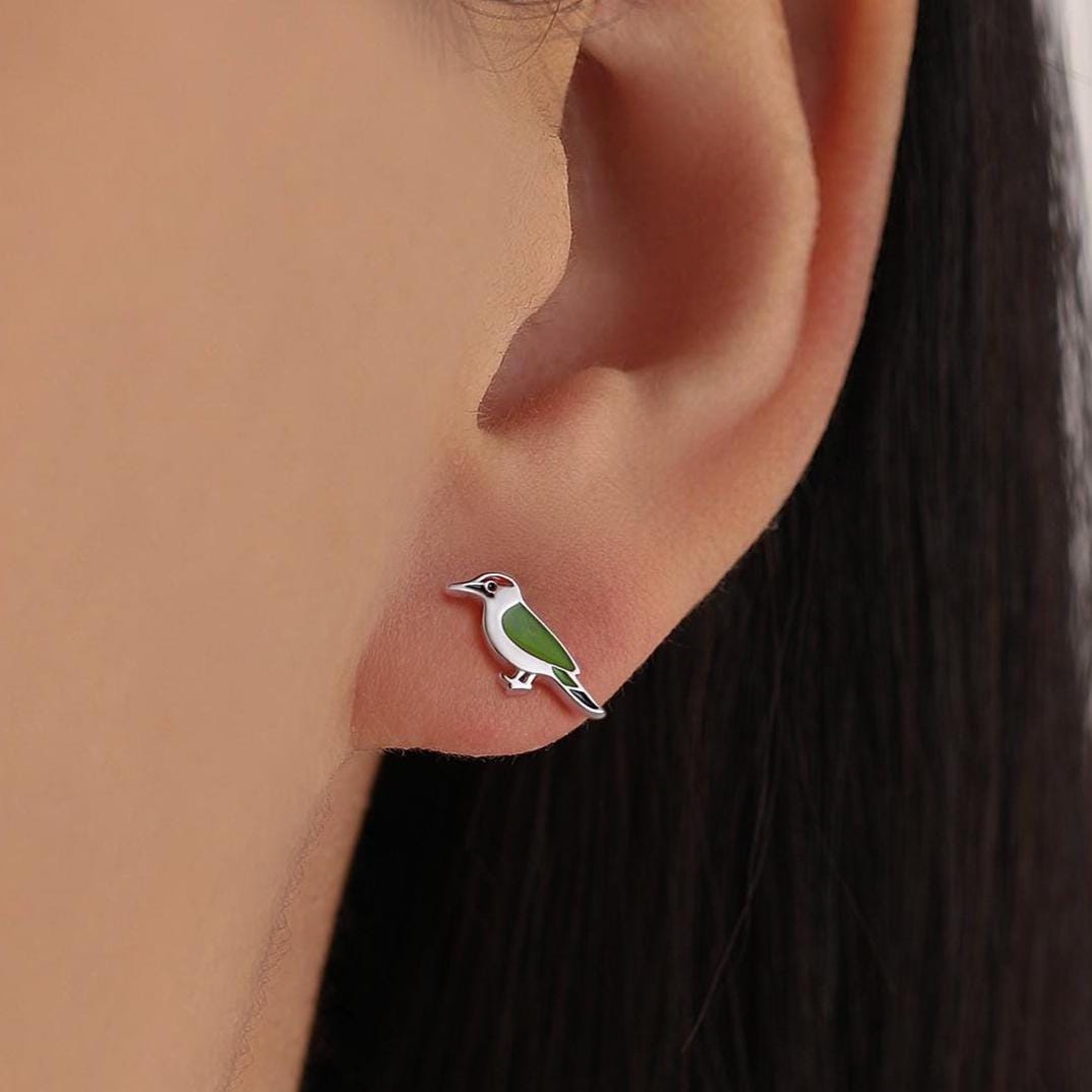 Green Woodpecker Enamel Stud Earrings in Sterling Silver, Colourful Bird Earrings, Cute and Full of Charm, Nature Inspired Animal Jewellery