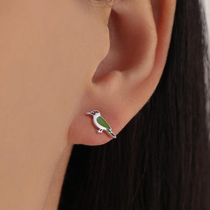 Green Woodpecker Enamel Stud Earrings in Sterling Silver, Colourful Bird Earrings, Cute and Full of Charm, Nature Inspired Animal Jewellery