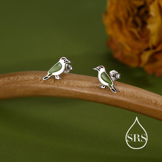 Green Woodpecker Enamel Stud Earrings in Sterling Silver, Colourful Bird Earrings, Cute and Full of Charm, Nature Inspired Animal Jewellery