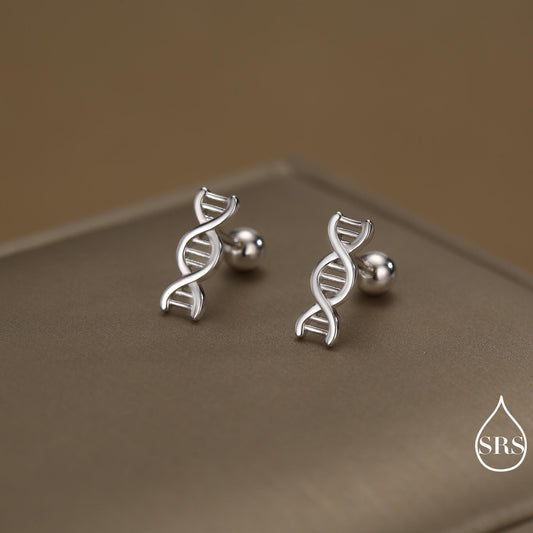 DNA Molecular Structure Screw Back/ Stud Earrings in Sterling Silver, Available in Silver, Gold, Rose Gold Finish, Quirky Science Jewellery
