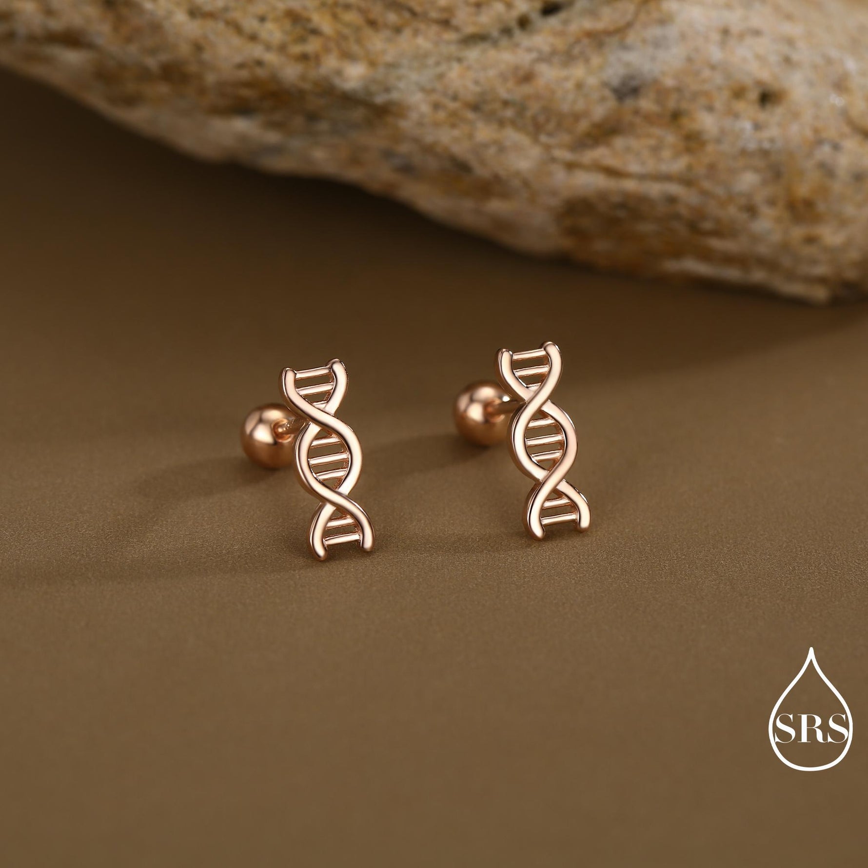 DNA Molecular Structure Screw Back/ Stud Earrings in Sterling Silver, Available in Silver, Gold, Rose Gold Finish, Quirky Science Jewellery