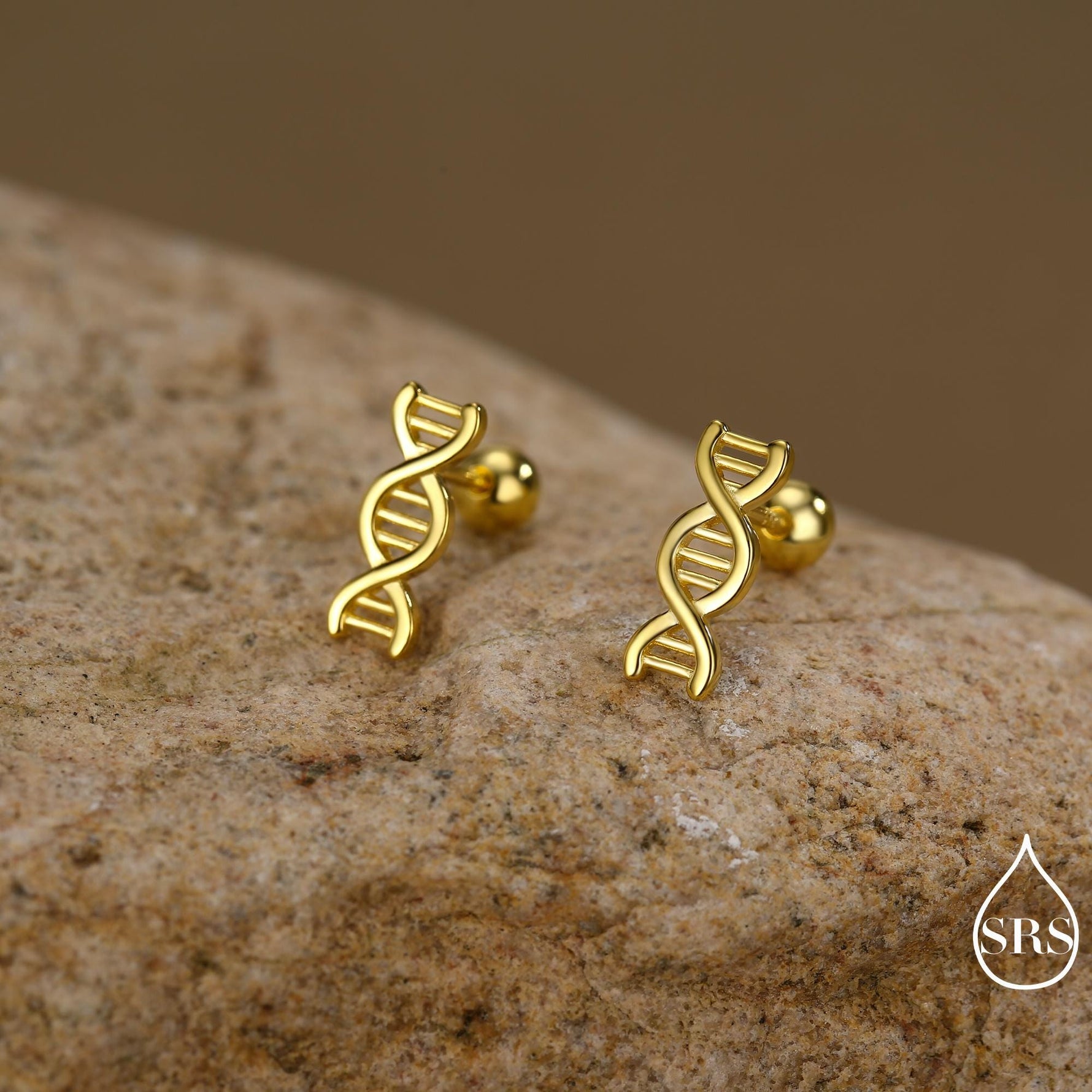 DNA Molecular Structure Screw Back/ Stud Earrings in Sterling Silver, Available in Silver, Gold, Rose Gold Finish, Quirky Science Jewellery