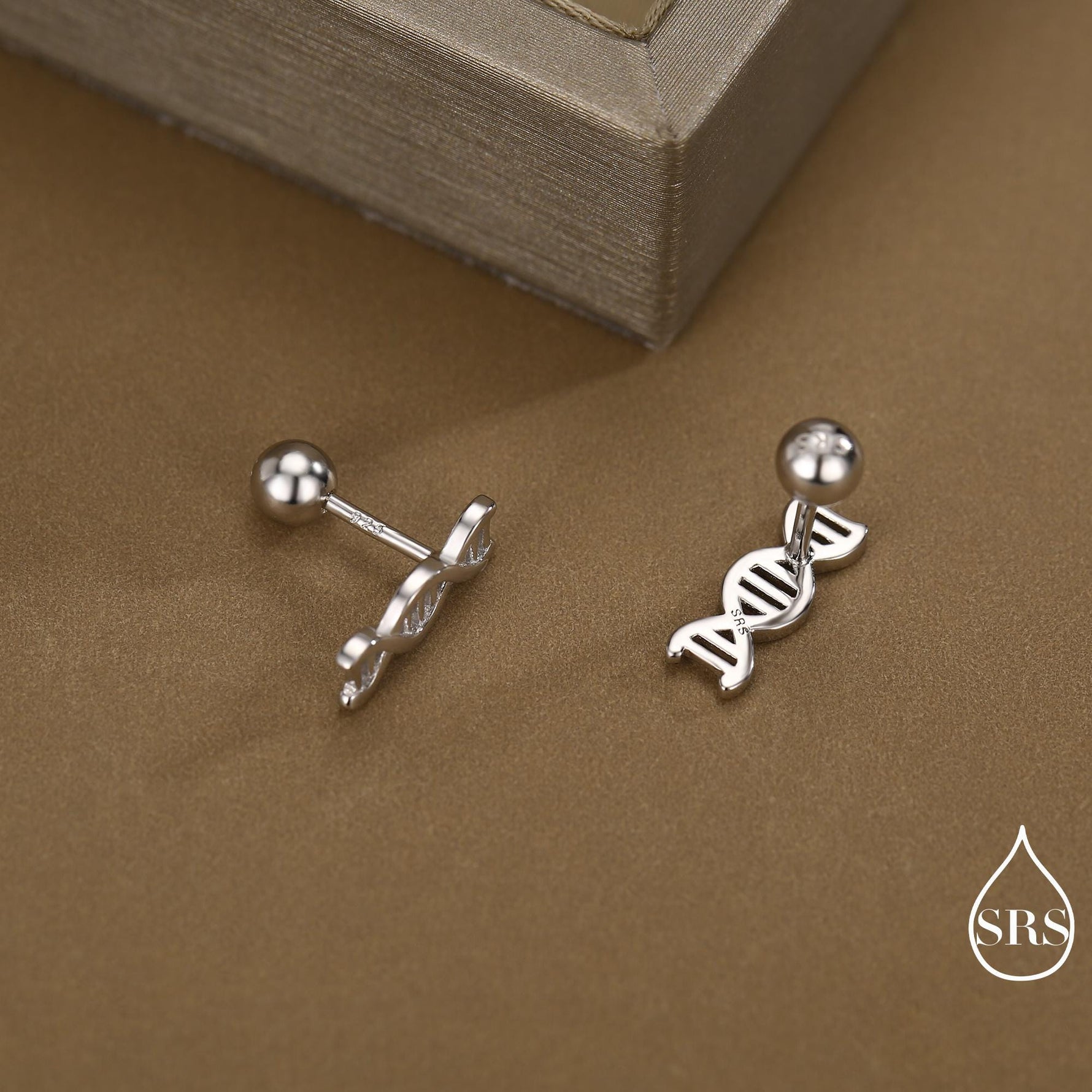DNA Molecular Structure Screw Back/ Stud Earrings in Sterling Silver, Available in Silver, Gold, Rose Gold Finish, Quirky Science Jewellery