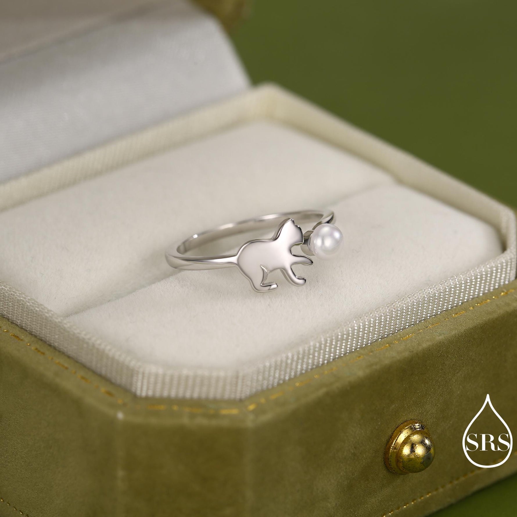Sterling Silver Cat Playing with Ball Ring with Natural Button Shaped Pearls, Adjustable Sized Ring, Open Ring, Stacking Rings