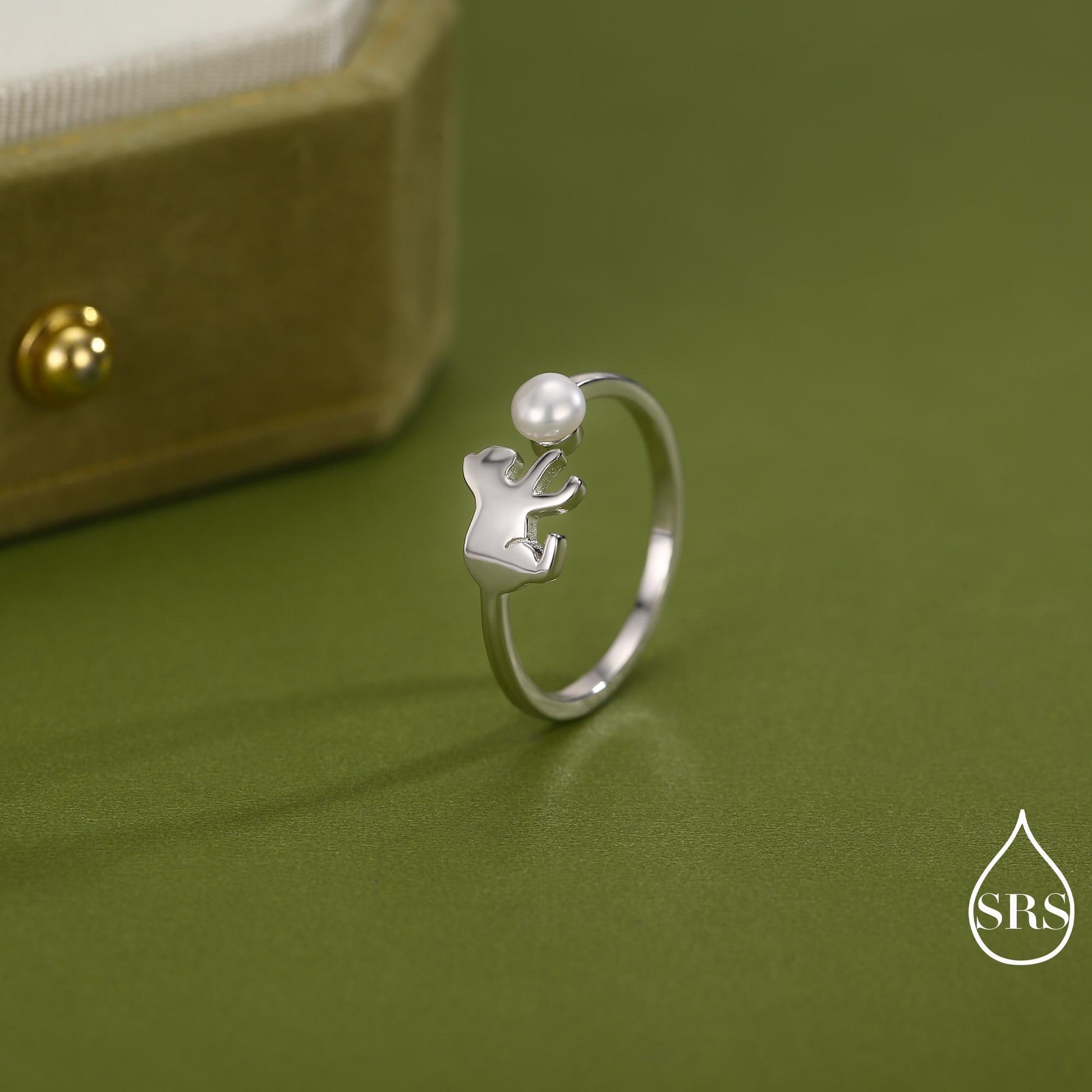 Sterling Silver Cat Playing with Ball Ring with Natural Button Shaped Pearls, Adjustable Sized Ring, Open Ring, Stacking Rings
