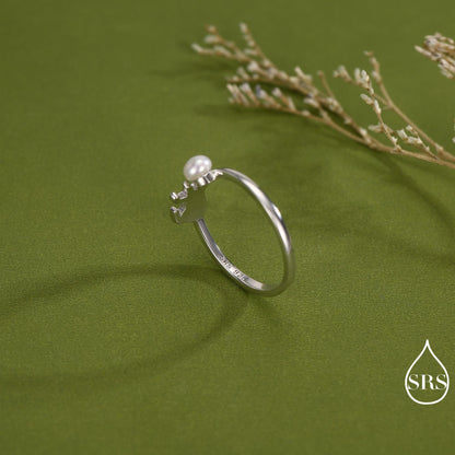 Sterling Silver Cat Playing with Ball Ring with Natural Button Shaped Pearls, Adjustable Sized Ring, Open Ring, Stacking Rings