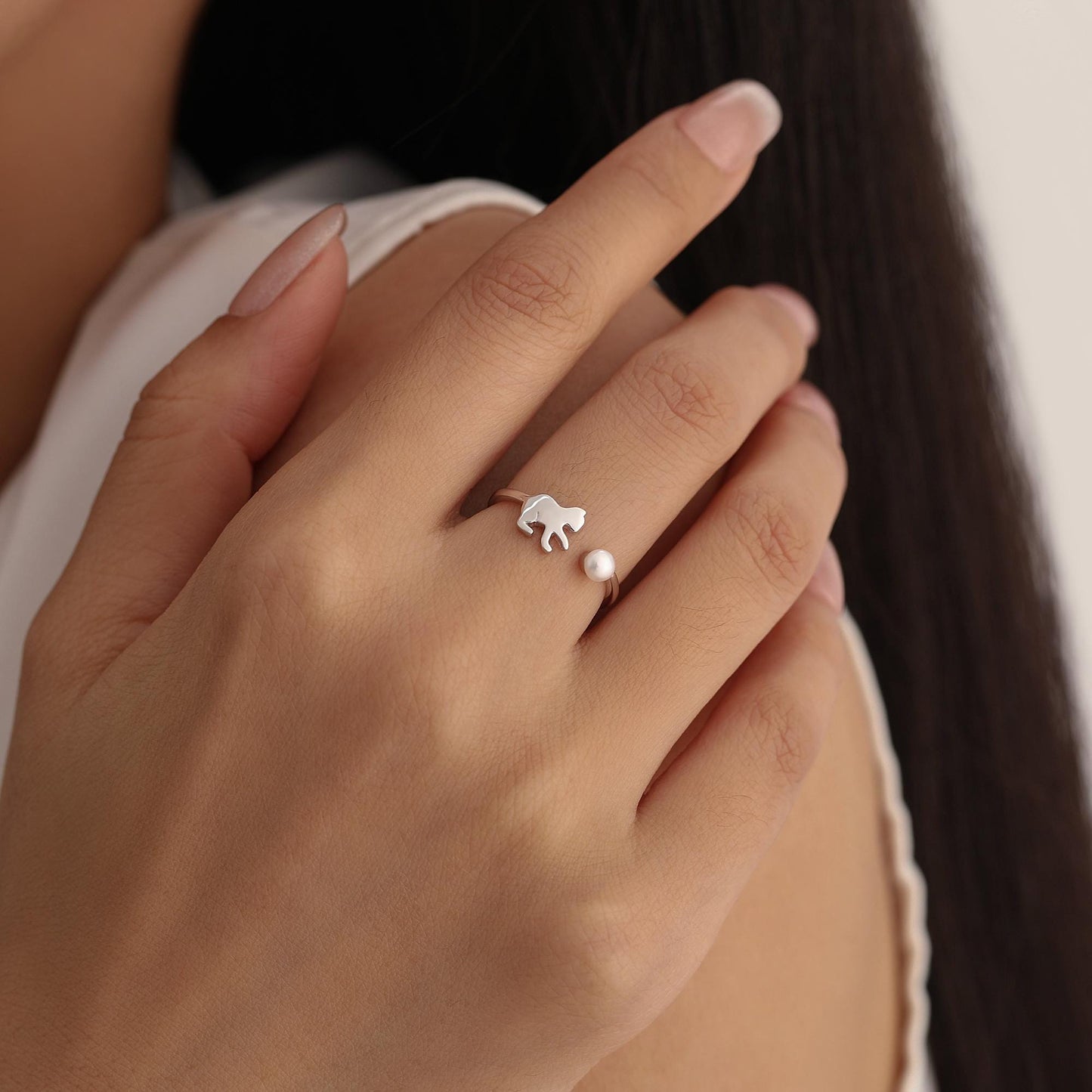 Sterling Silver Cat Playing with Ball Ring with Natural Button Shaped Pearls, Adjustable Sized Ring, Open Ring, Stacking Rings