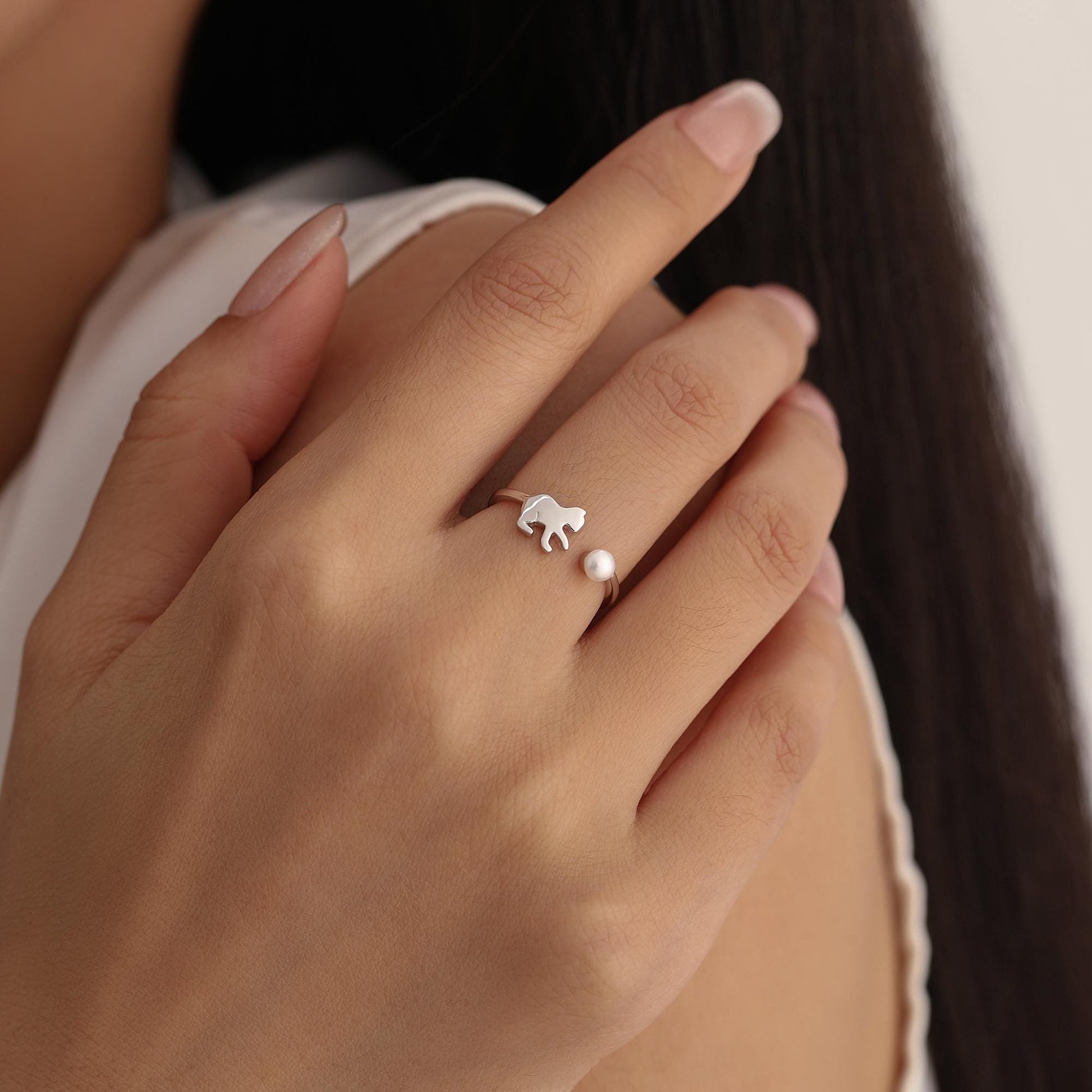 Sterling Silver Cat Playing with Ball Ring with Natural Button Shaped Pearls, Adjustable Sized Ring, Open Ring, Stacking Rings