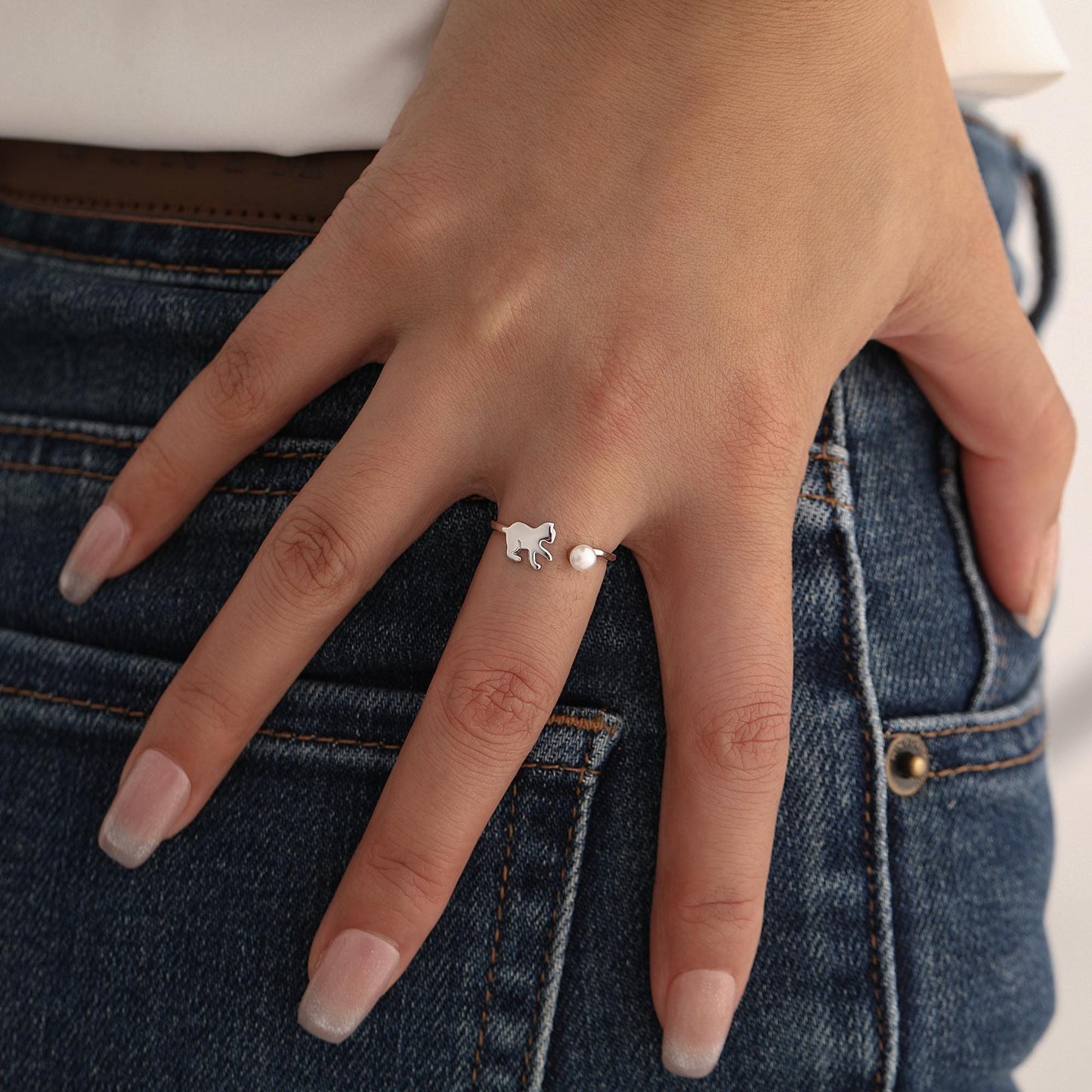 Sterling Silver Cat Playing with Ball Ring with Natural Button Shaped Pearls, Adjustable Sized Ring, Open Ring, Stacking Rings