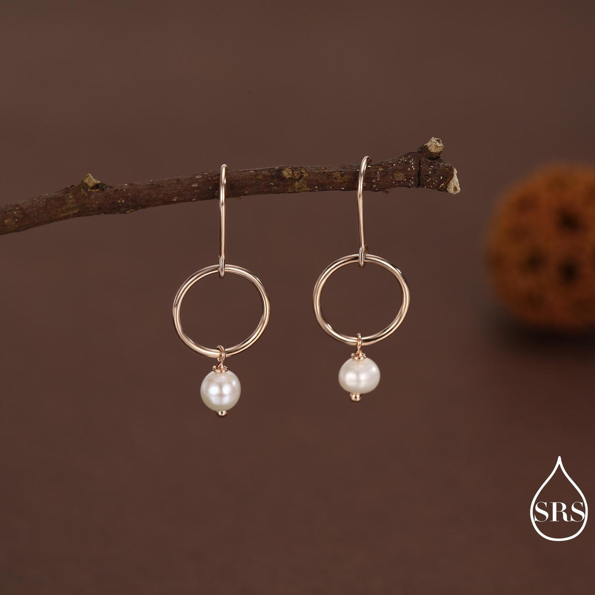 Genuine Freshwater Pearl and Circle Dangle Drop Earrings in Sterling Silver, Delicate Keshi Pearl Halo Earrings, Also in Gold and Rose Gold