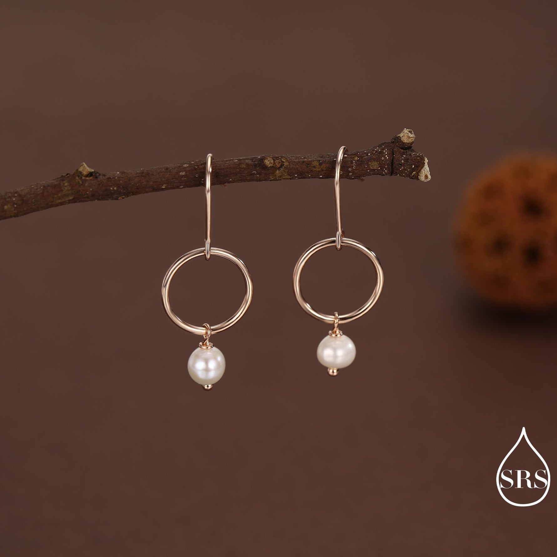 Genuine Freshwater Pearl and Circle Dangle Drop Earrings in Sterling Silver, Delicate Keshi Pearl Halo Earrings, Also in Gold and Rose Gold
