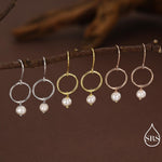 Genuine Freshwater Pearl and Circle Dangle Drop Earrings in Sterling Silver, Delicate Keshi Pearl Halo Earrings, Also in Gold and Rose Gold