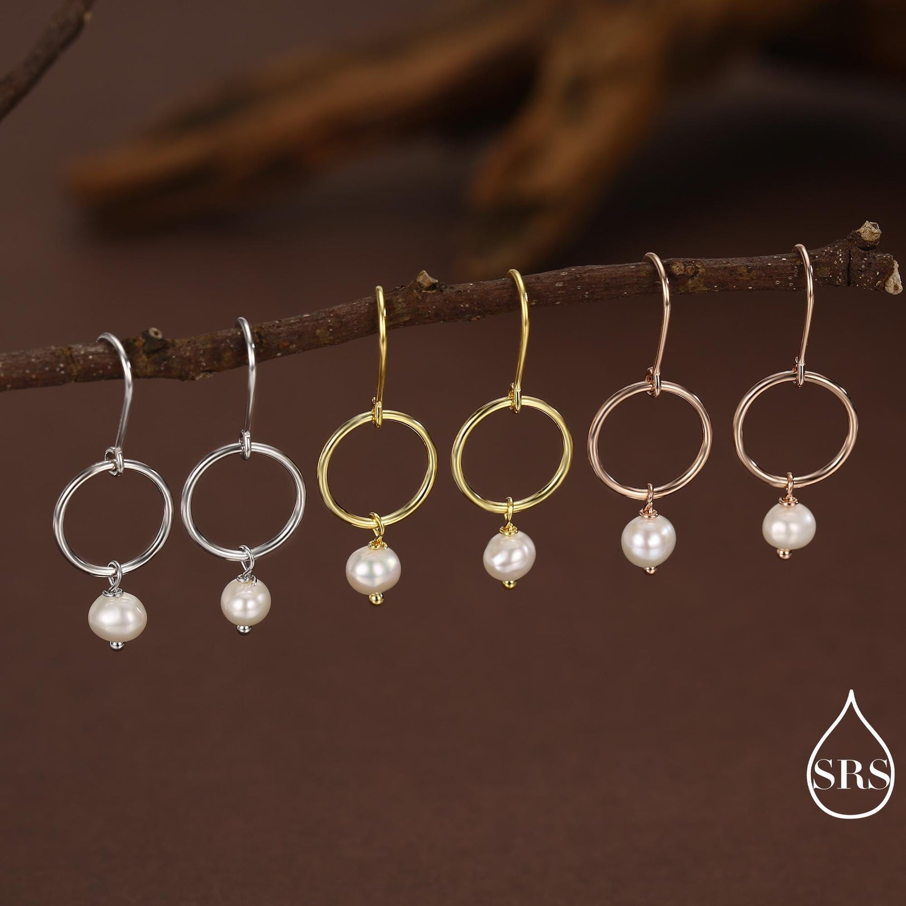 Genuine Freshwater Pearl and Circle Dangle Drop Earrings in Sterling Silver, Delicate Keshi Pearl Halo Earrings, Also in Gold and Rose Gold