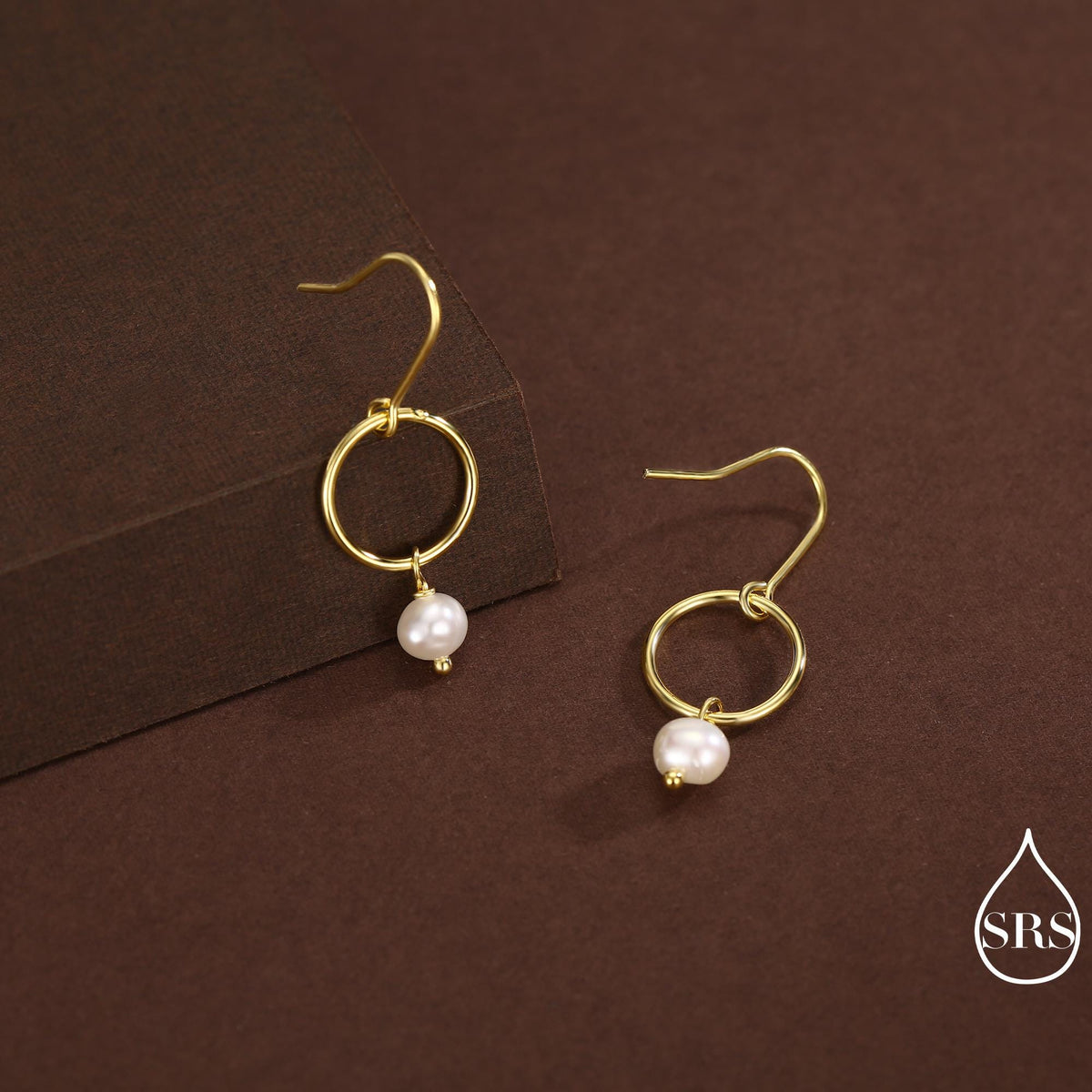 Genuine Freshwater Pearl and Circle Dangle Drop Earrings in Sterling Silver, Delicate Keshi Pearl Halo Earrings, Also in Gold and Rose Gold