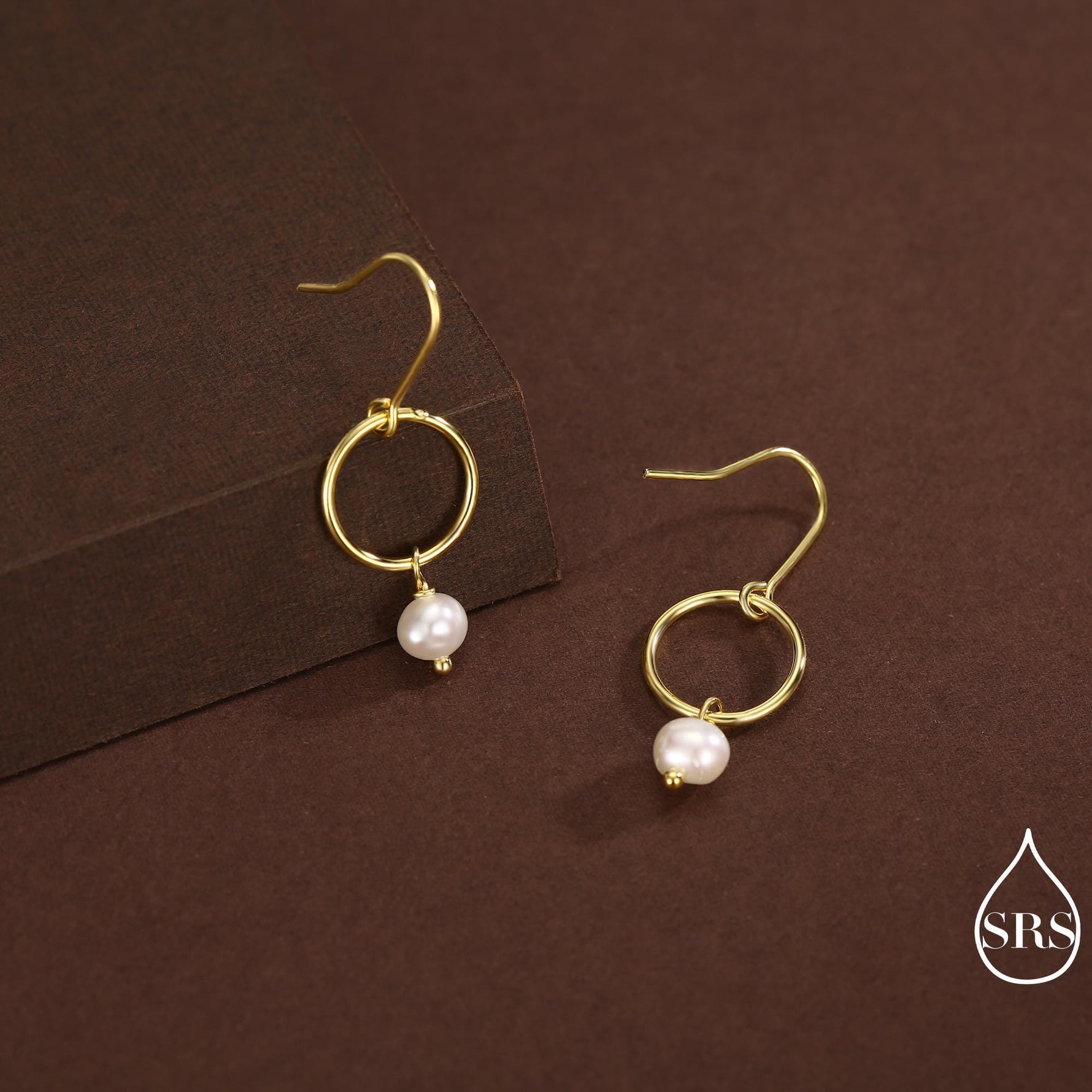 Genuine Freshwater Pearl and Circle Dangle Drop Earrings in Sterling Silver, Delicate Keshi Pearl Halo Earrings, Also in Gold and Rose Gold