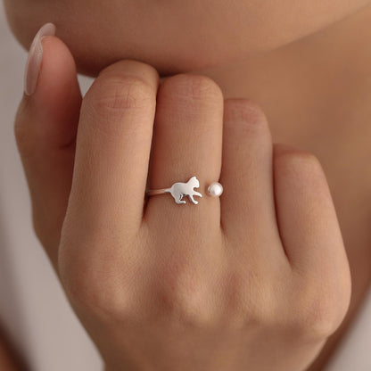 Sterling Silver Cat Playing with Ball Ring with Natural Button Shaped Pearls, Adjustable Sized Ring, Open Ring, Stacking Rings