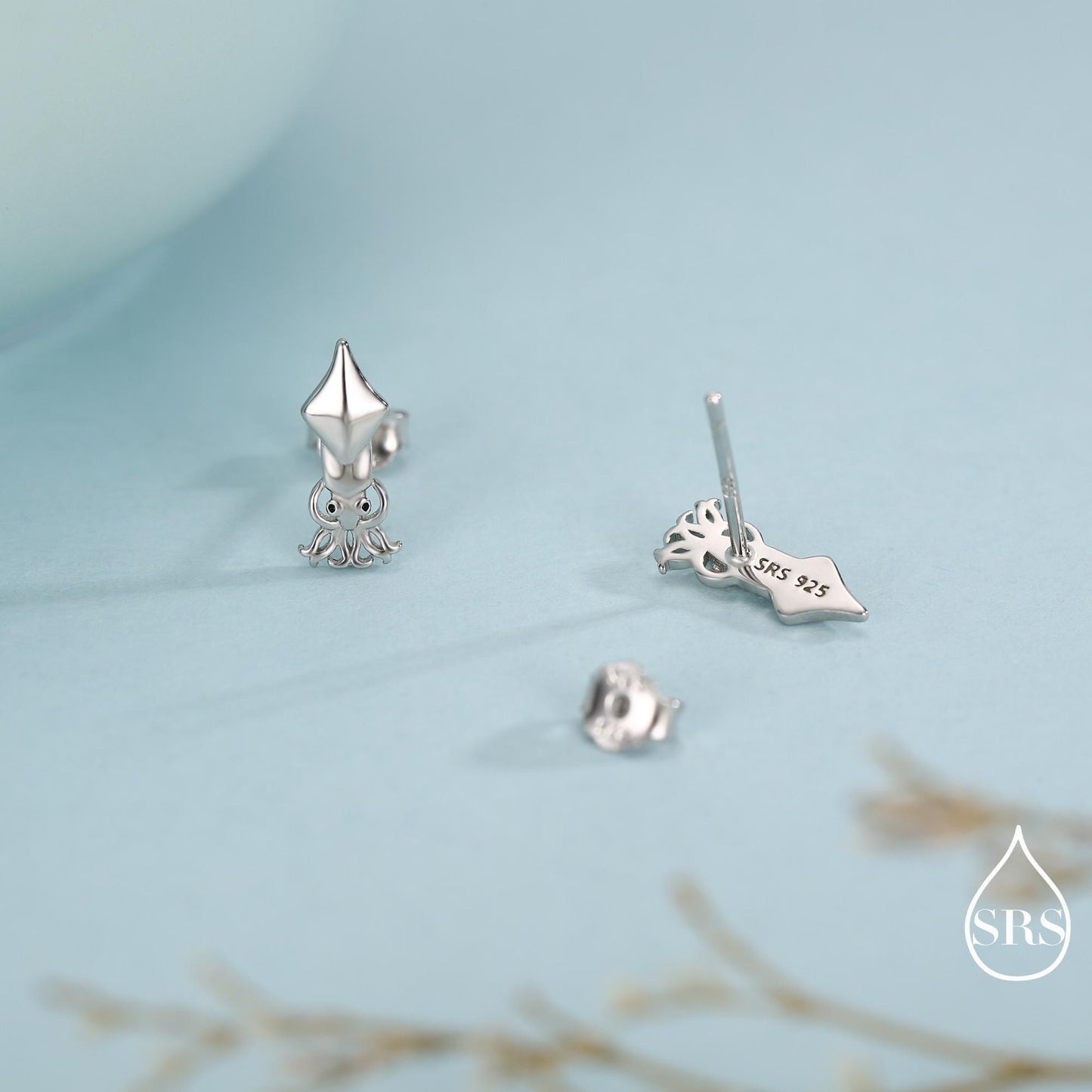 Squid Stud Earrings in Sterling Silver, Squid Fish Earrings, Nature Inspired Animal Earrings, Ocean Animal