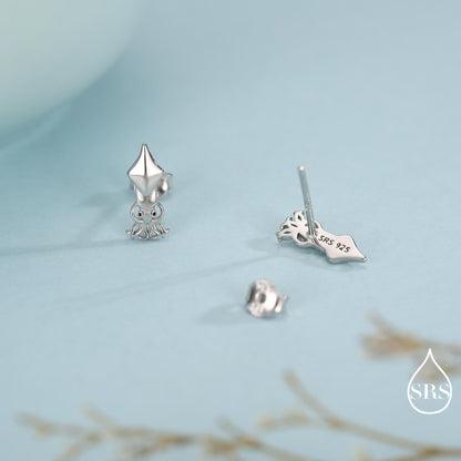 Squid Stud Earrings in Sterling Silver, Squid Fish Earrings, Nature Inspired Animal Earrings, Ocean Animal